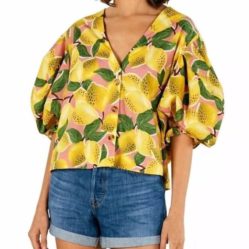 FARM Rio Pink Lemon Print Button-Up Blouse